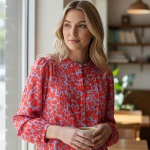 Ann Taylor Red and Blue Floral Blouse
